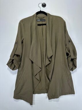 Zara Draped Utility Jacket Olive Green Lightweight Open Front Soft Trench S